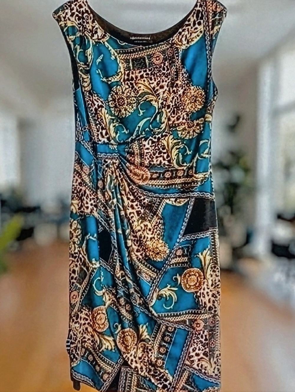 Day To Night! Sleeveless Y2K Sheath Midi Asymmetric Hem. Side Rouching. Sz. 12 - Picture 3 of 7